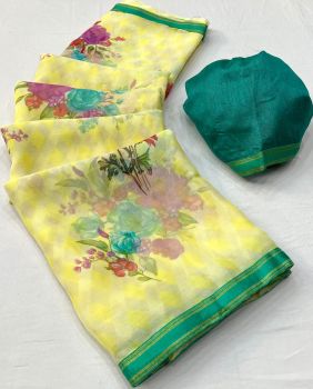 Light Yellow Flower Design Printed Work Chiffon Saree