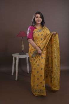 Yellow Pure Handloom Katha Stitch Saree From Bengal
