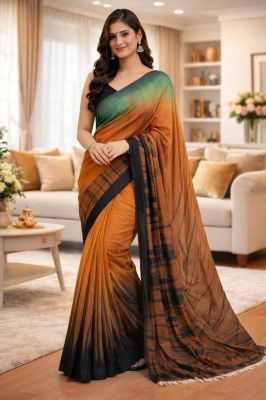 Orange Ikkat Silk Cotton Pure Handloom Saree From Bengal