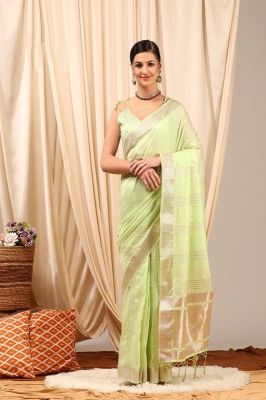 Greenish Tan Pure Handloom Silk Cotton Saree From Gujarat