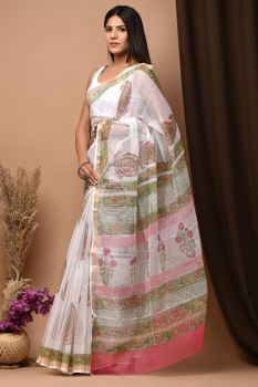 white Kota Doriya Printed Leaf Design Saree