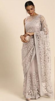 Light Grey Embroidery Work Net Saree From Banaras