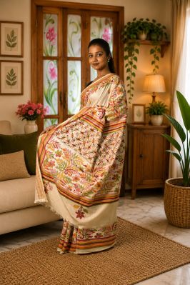 Off White Pure Semi Silk Kanthastitch Saree From Bengal