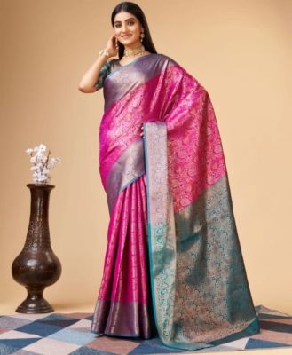 Rose Pink Pure Handloom Banarasi Silk Saree From Banaras