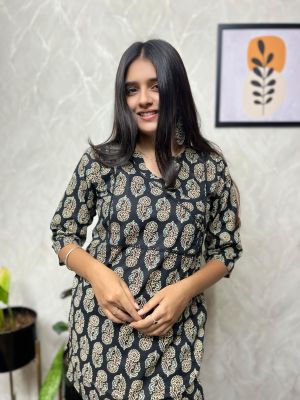Black Gray Pure Handloom Printed Kurti From Bengal
