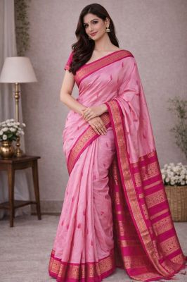Women's Wear Pink Gadwal Silk Cotton Pure Handloom Saree From Bengal