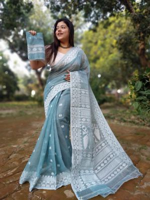 Slate Gray Pure Handloom Dhakai Jamdani Saree From Bengal