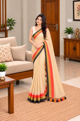 Beige Pure Handloom Mulmul Cotton Saree From Bengal