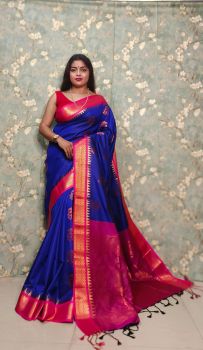 Blue Pure Handloom Muga Silk Saree From Bengal