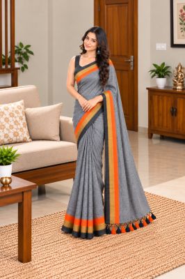 Charcoal Gray Pure Handloom Mulmul Cotton Saree From Bengal