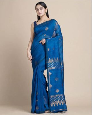 Teal Pure Handloom Linen By Linen Saree From Bengal