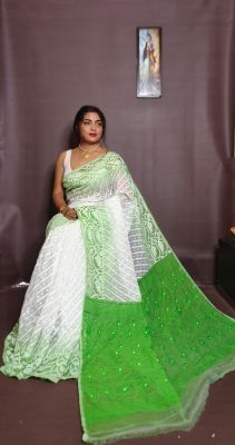 White Pure Handloom Ikkat Jamdani Saree From Bengal