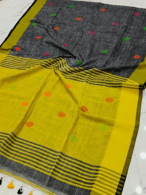 Black Yellow Pure Handloom Cotton Saree From Bengal