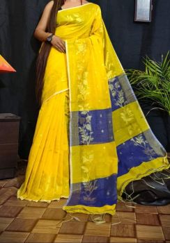 Yellow Blue Leaf Resham Cotton Handloom Saree From Bengal