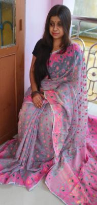 Gray Pink Pure Handloom Dhakai Jamdani Saree From Bengal
