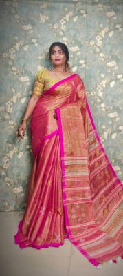 Dark Pink Pure Handloom Tissue Silk Saree From Bengal