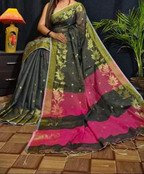 Dark Grey Pink Leaf Resham Cotton Handloom Saree From Bengal