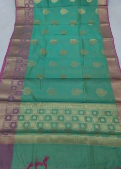 Teal Green Mercerized Cotton Saree From Banaras