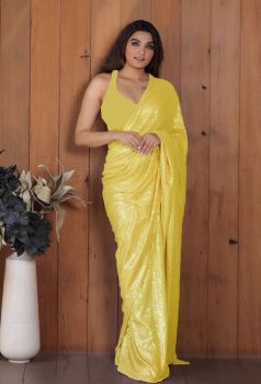 Yellow Motifs Sequence Embroidery Sequence Work Georgette Saree