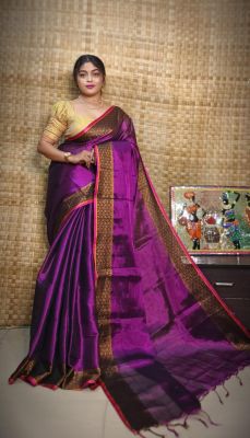 Purple Pure Handloom Tissue Silk Saree From Bengal