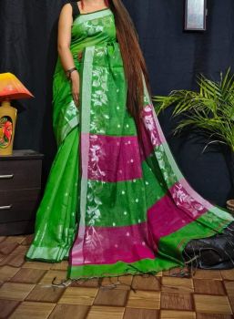 Gren Pink Leaf Resham Cotton Handloom Saree From Bengal