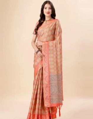 Light Orange Pure Handloom Silk Cotton Saree From Banaras