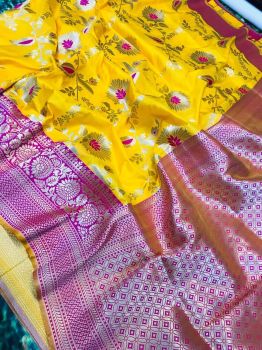 Yellow Pink Flower Design Zari Work Kanchipuram Silk Saree