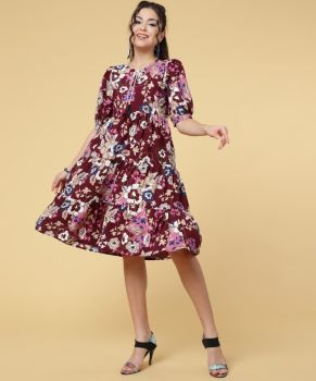 One Piece Printed Polyester Digital Flower Design Round Neck