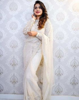 White Butta Multy Sequence Work Net Saree