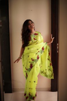 Yellow Peacock Design Embroidery Diamond Work Organza Saree