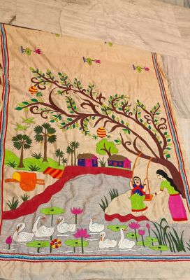 Cream Pure Handloom Kantha Silk Saree From Bengal