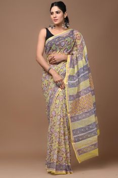 Harvest Gold Block Kota Doriya Printed Leaf Design Saree