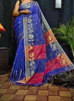 Blue Pink Leaf Resham Cotton Handloom Saree From Bengal