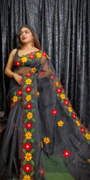 Black Flower Design Pure Handloom Resham Kota Saree