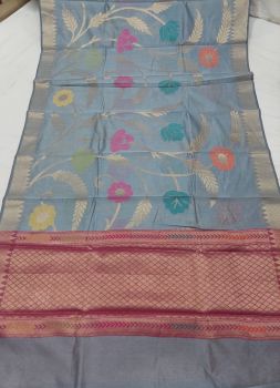 Oslo Grey Mercerized Cotton Saree From Banaras