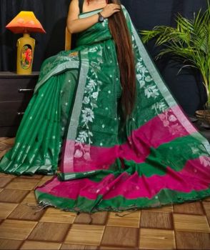 Bottle Green Pink Leaf Resham Cotton Handloom Saree From Bengal
