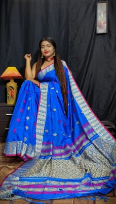 Royal Blue Pure Handloom Silk Saree From Bengal