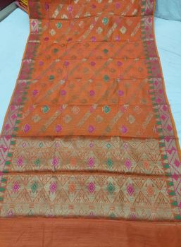 Orange Mercerized Cotton Saree From Banaras