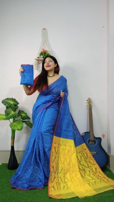 Royal Blue Pure Handloom Cotton Saree From Bengal