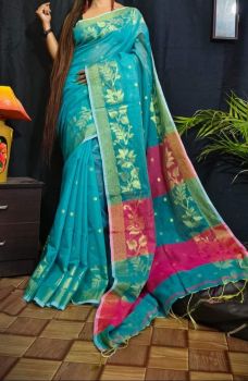 Sky Blue Pink Leaf Resham Cotton Handloom Saree From Bengal