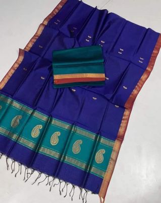 Indigo Blue Pure Handloom Maheswari Silk Cotton Saree From Bengal