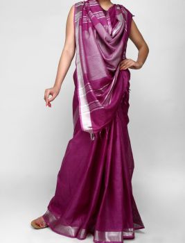 Magenta Plain Hand Woven Linen Saree