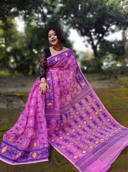 Magenta Pure Handloom Dhakai Jamdani Saree From Bengal