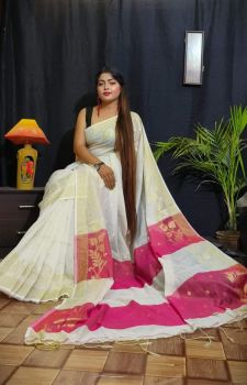 White Pink Leaf Resham Cotton Handloom Saree From Bengal