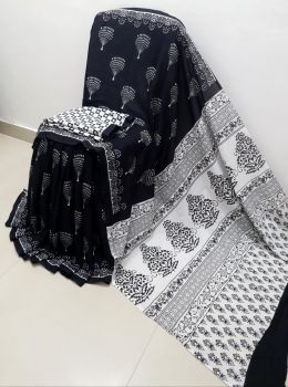 Black White Hand Block Printed Work Saree