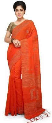 Orange Pure Handloom Silk Cotton Saree From Bengal