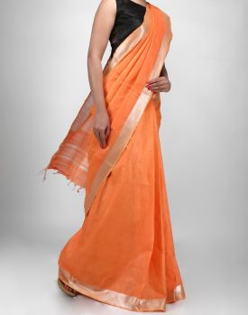 Orange Plain Hand Woven Linen Saree