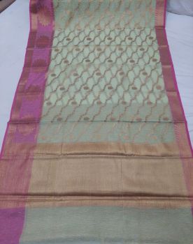 Pista Green Mercerized Cotton Saree From Banaras