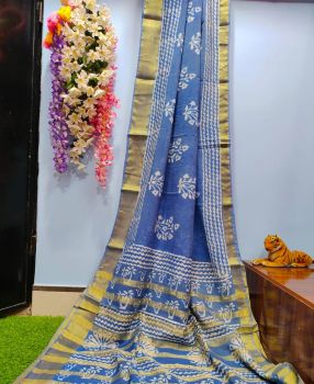 Sea Blue Hand Block Printed Pure Handloom Chiffon Silk Saree