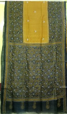 Olive Green Pure Handloom Kantha Silk Saree From Bengal